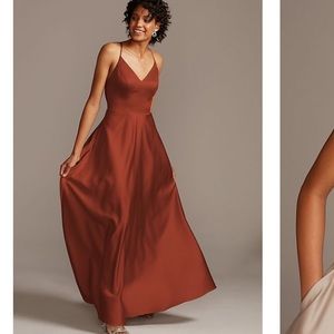 Spaghetti strap satin a line long bridesmaid dress size 14 color cinnamon